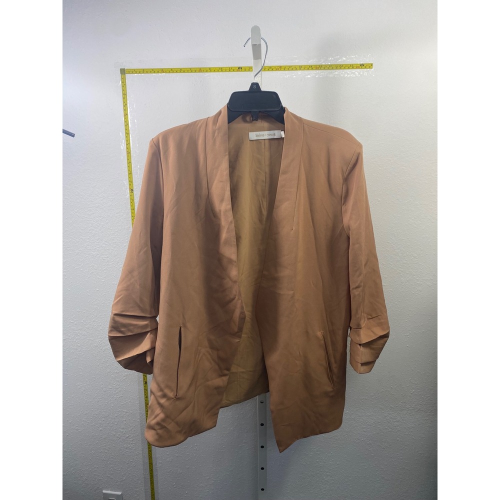 Bishop‎ + Young Camel Tan Ruched 3/4 Sleeve Open Front Blazer Jacket Large